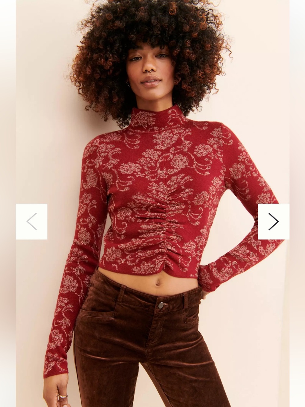 NWT Anthropologie size XL Ruched Floral Mock Neck Long-Sleeve Top - Red